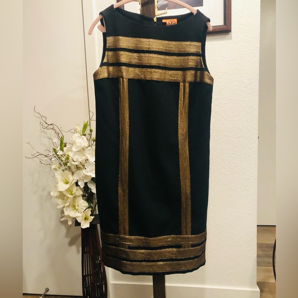 TORI BURCH Black Dress with Gold Metallic Trim - Women's Elegant Sheath